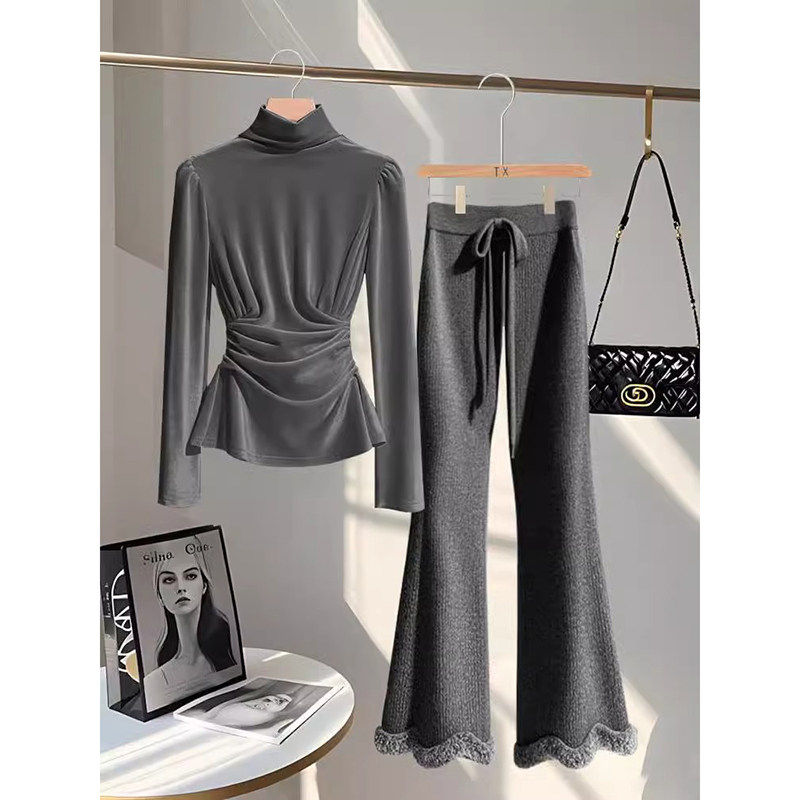 灰色高领收腰衬衫搭配微喇叭裤两件式套装女韩系高级感春季穿搭一,女装/女士精品,大码套装,淘宝优惠券,粉丝福利购,淘宝优惠卷