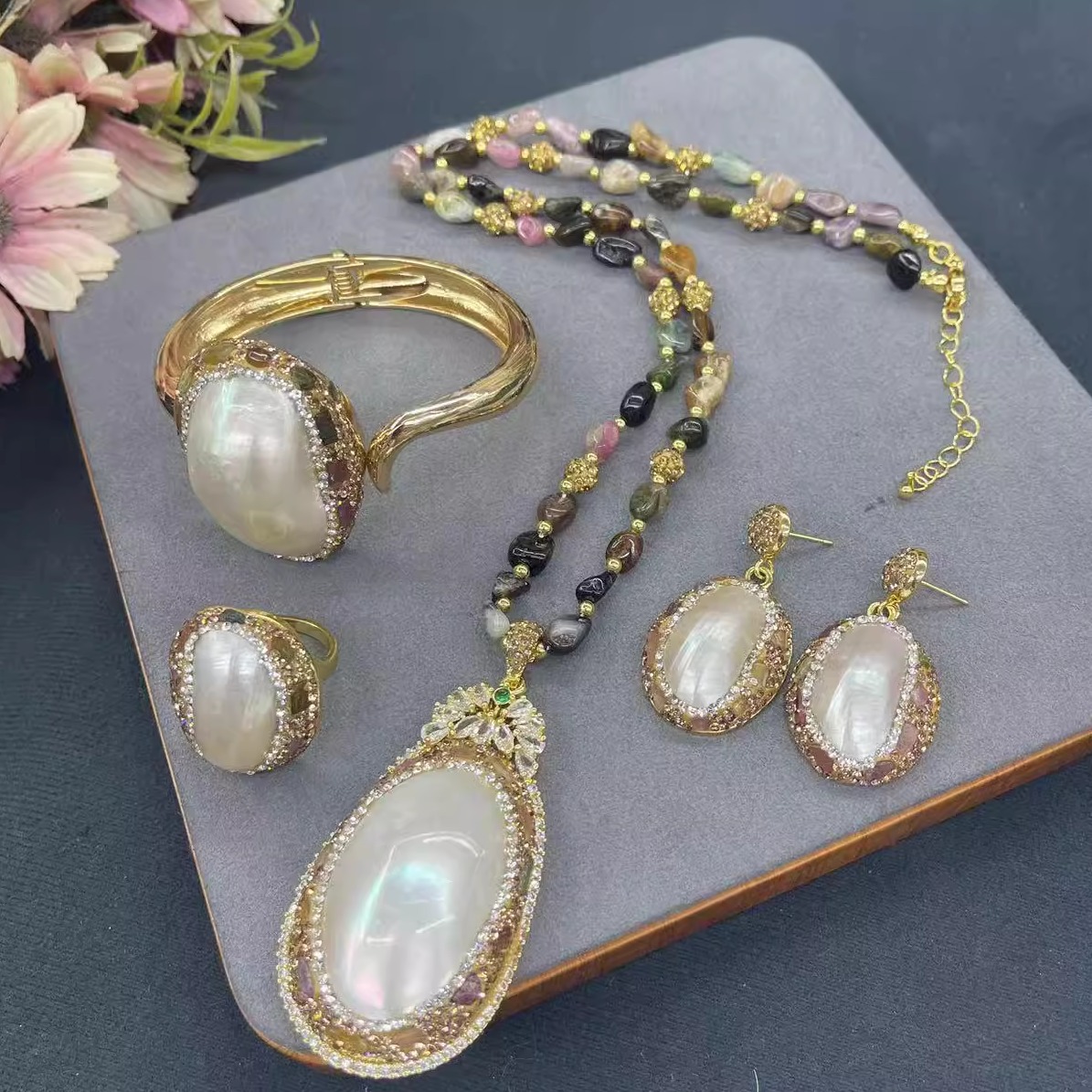 天然马贝镶嵌碧玺宝石项链四件套装新中式高品质水钻小众饰品女