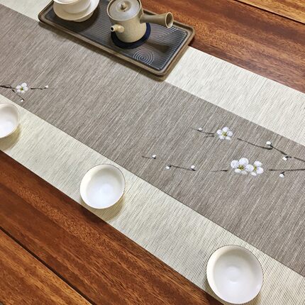 防水草编茶席侘寂风桌旗中式禅意茶布茶桌布茶旗绘画茶台茶垫定制