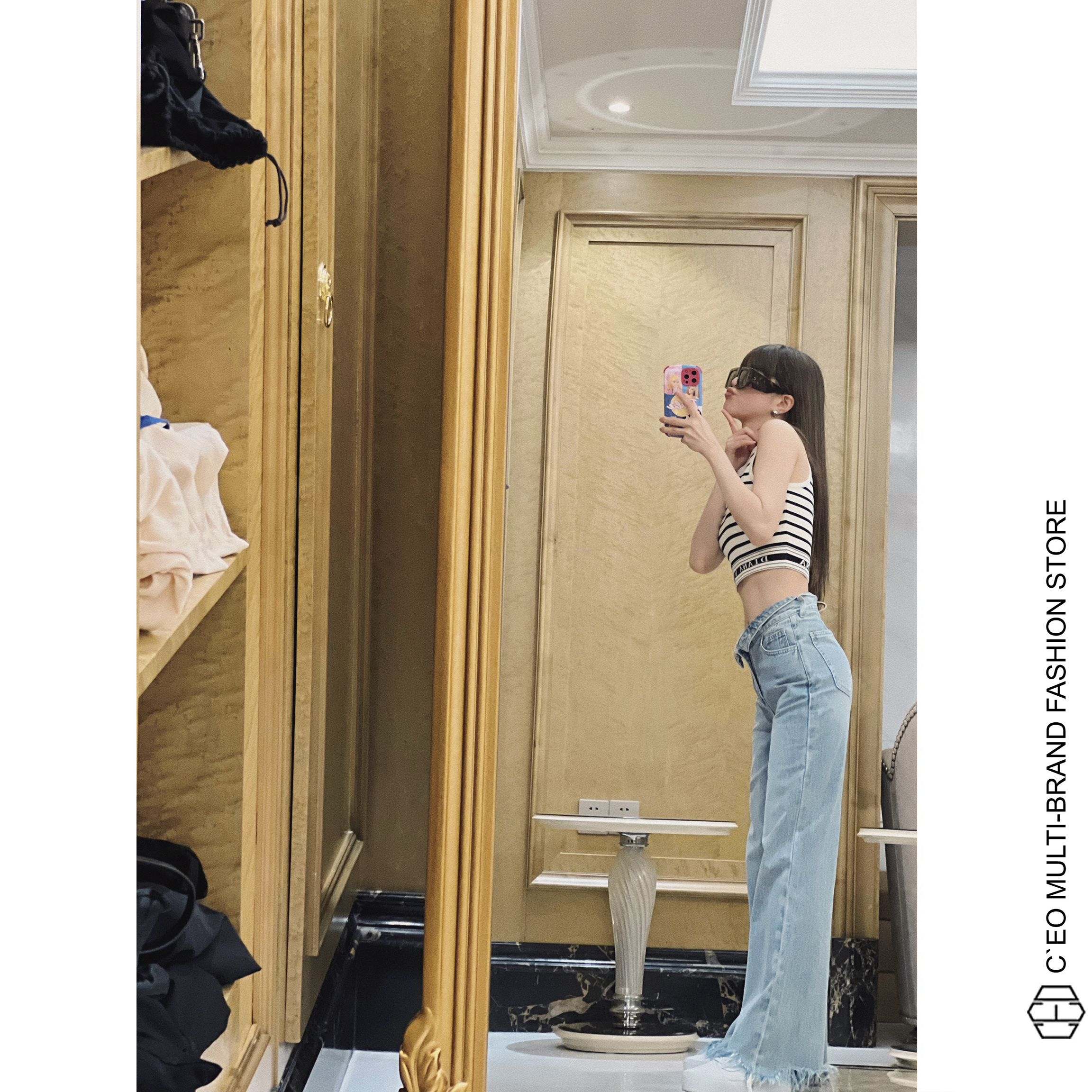 diana vevina 条纹字母工字女背心/不规则腰头设计毛边微喇牛仔裤