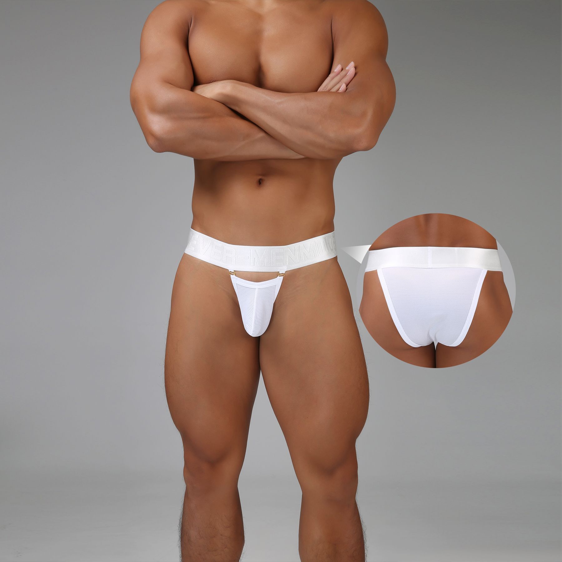 CLEVER-MENMODE男士网格超薄半包臀小三角宽腰带金属扣装饰内裤