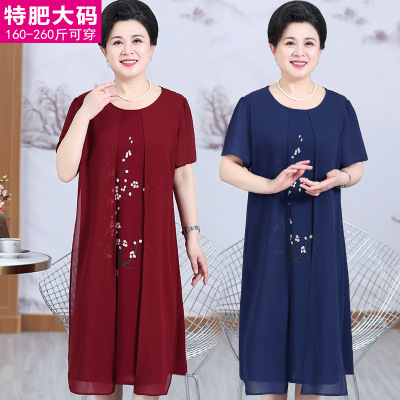 加肥加大妈妈短袖雪纺连衣裙中老年女装特大码200斤夏装裙子时尚