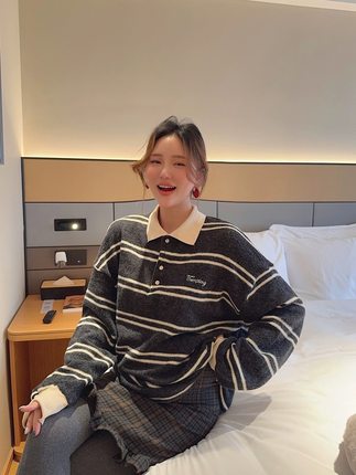 现～bubble韩代tempting韩国女韩系polo领撞色条纹针织衫实体秒发