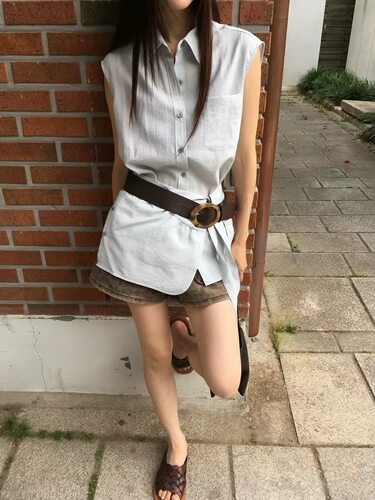 现bubble韩代东大门TEMPTING女系带屁帘短袖衬衫 实体秒发