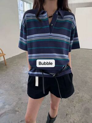 现bubble韩代ATMOSPHERE韩国气质条纹POLO衫实体秒发不退换