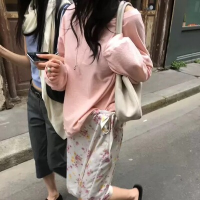 现bubble韩代呼吸家 简约水洗毛巾棉薄款圆领宽松长袖T实体秒发