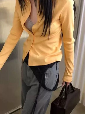 现bubble韩代LAKE-A舒适纯色系扣翻领长袖百搭开衫T恤实体秒发