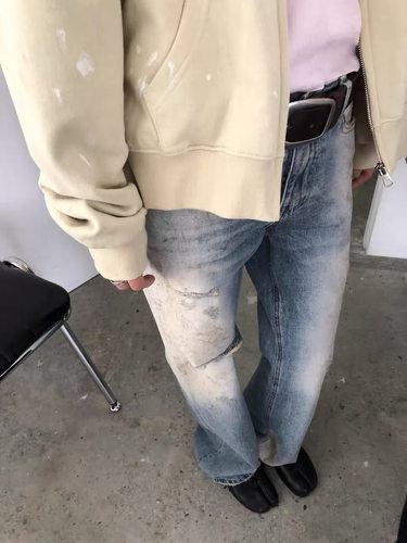 现bubble韩代 WE ARE 水洗做旧破洞牛仔裤实体秒发假一赔十