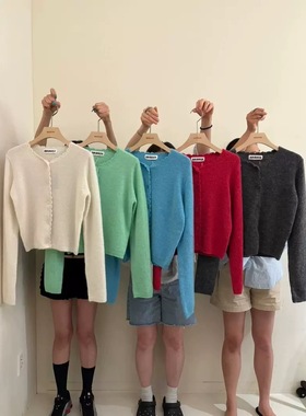 韩国banlance小众花边针织开衫女春秋外搭纯色毛衣外套