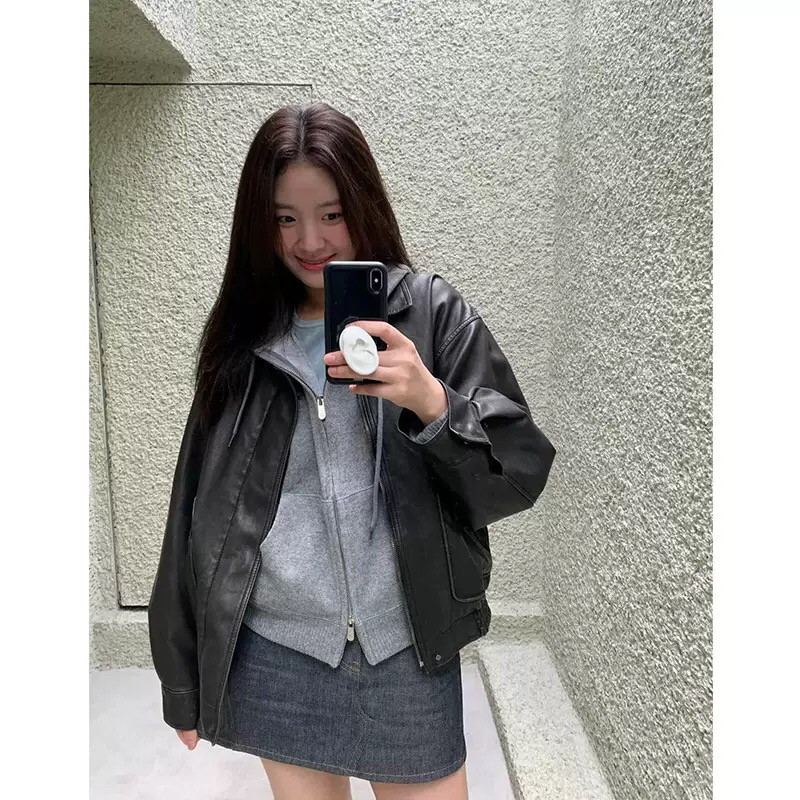 Suhoo韩国grove皮衣开衫女秋冬新款宽松复古做旧廓形机车夹克外套