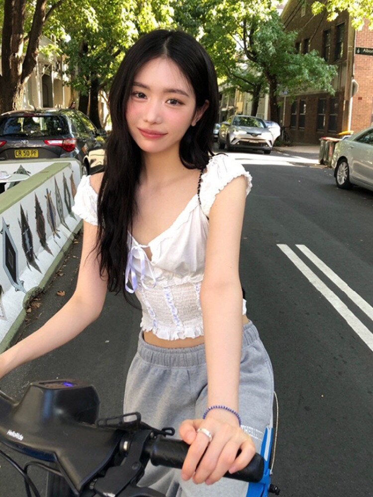 Suhoo韩国barn*net2025春夏八奶褶皱纯欲少女花边一字领上衣背心