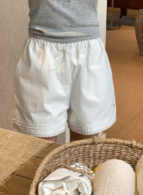 Suhoo 韩国the barnet 春季宽松高腰松紧花边短款休闲裤白色度假