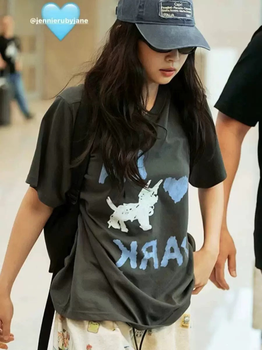 韩国2025春夏新款Jennie同款IU宽松小狗印花短袖T恤衫