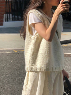 秒发韩国ounce奶白色百搭针织马甲背心外套女甜美风毛衣50羊毛