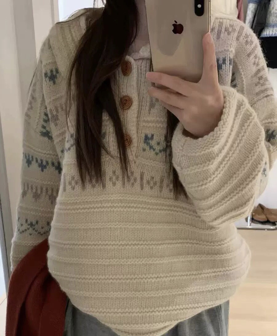 Suhoo韩国fever同款费尔岛节日针织翻领100%羊毛套头毛衣小个子