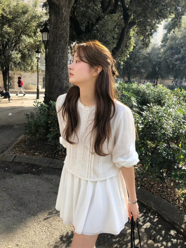 韩国2025ounce纯欲蕾丝拼接长袖衬衫女上衣半身裙套装淑女小白裙
