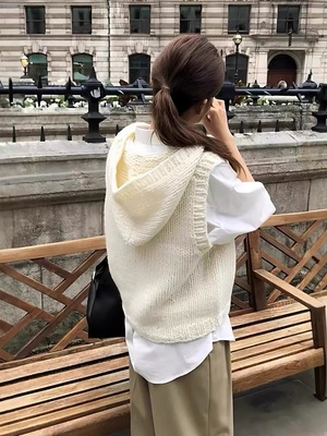 韩国overtake纯色针织连帽背心马甲女宽松慵懒风毛衣纯色