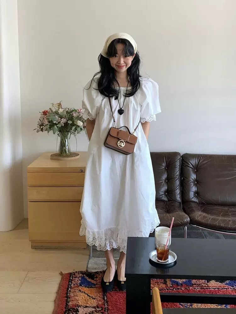 韩国fever同款freckle法式复古蕾丝绑带宽松泡泡袖连衣裙度假白裙