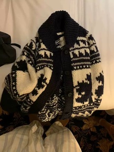 秒发韩国ounce费尔岛毛衣冬季 外套50%羊毛 复古提花翻领针织开衫