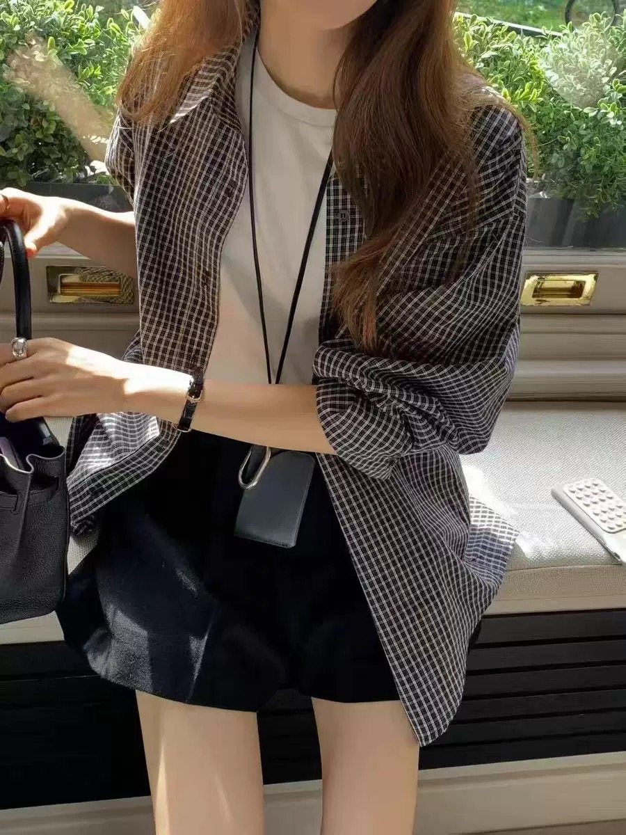 韩国ounce格子衬衫女复古宽松百搭长袖衬衣外套学院风文艺高智感