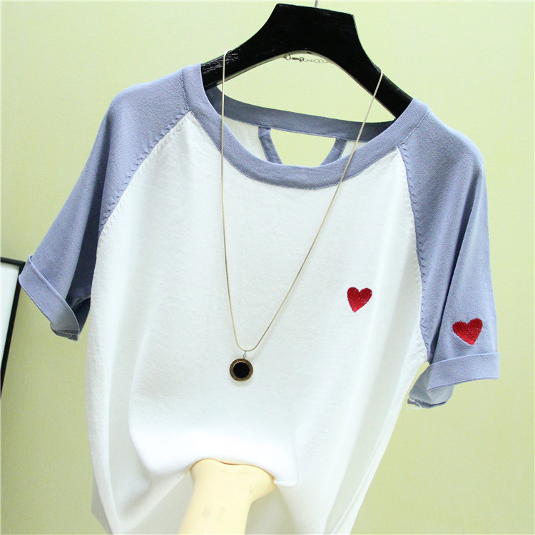 2019夏季新品小清新插肩袖撞色刺繡小愛心後背系繩冰絲針織衫上衣在類目 女裝/女士精品, 毛針織衫中 - 來自Buy2taobao.com提供專業的淘寶代購服務