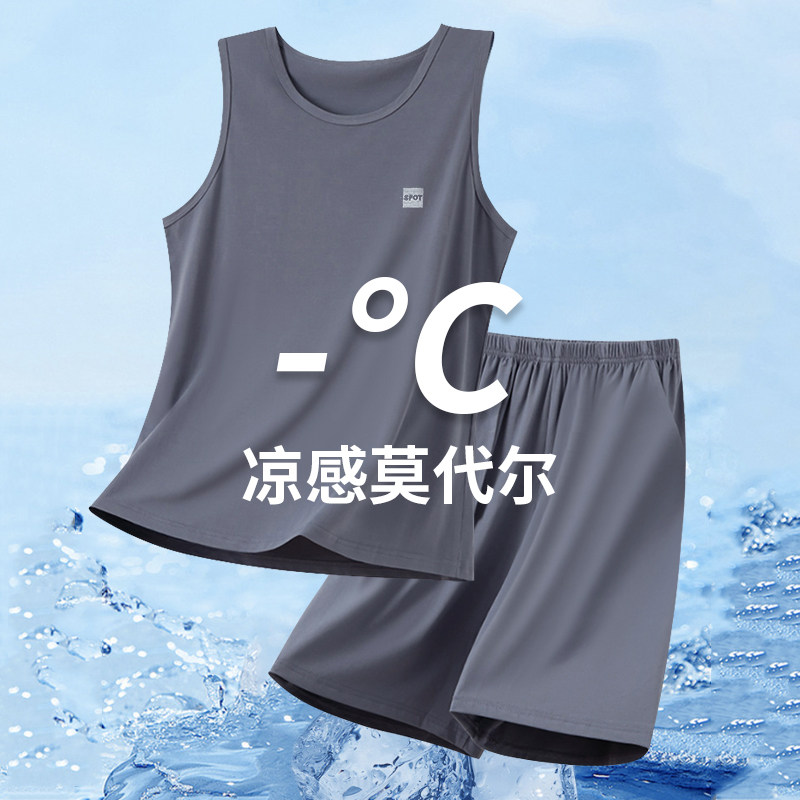 夏天无袖睡衣男款冰丝背心莫代尔短裤夏季简约2025新款男士家居服