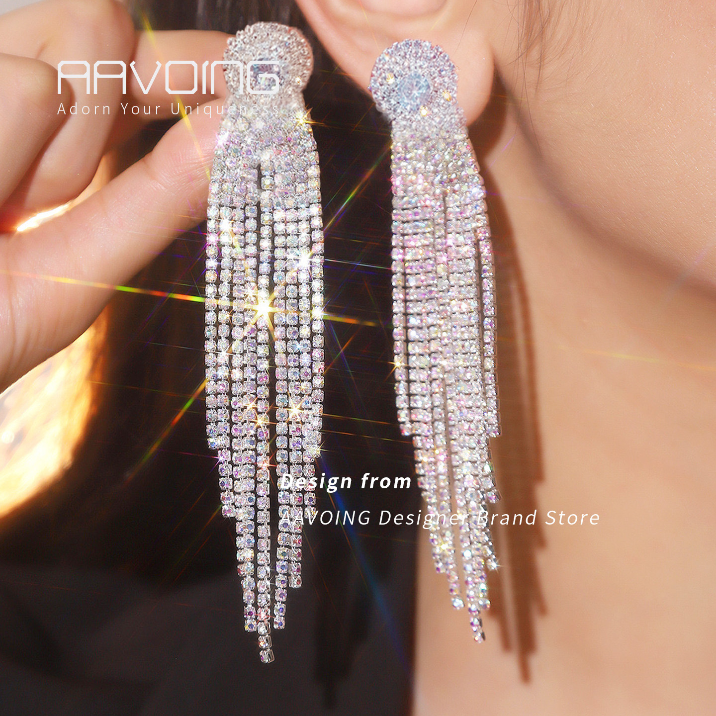 A家个性超闪镶水钻长款流苏耳环女百搭气质耳钉新娘婚纱礼服耳饰