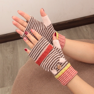 ins风翻盖半指羊毛露指手套女冬季可爱撞色条纹学生写字针织保暖