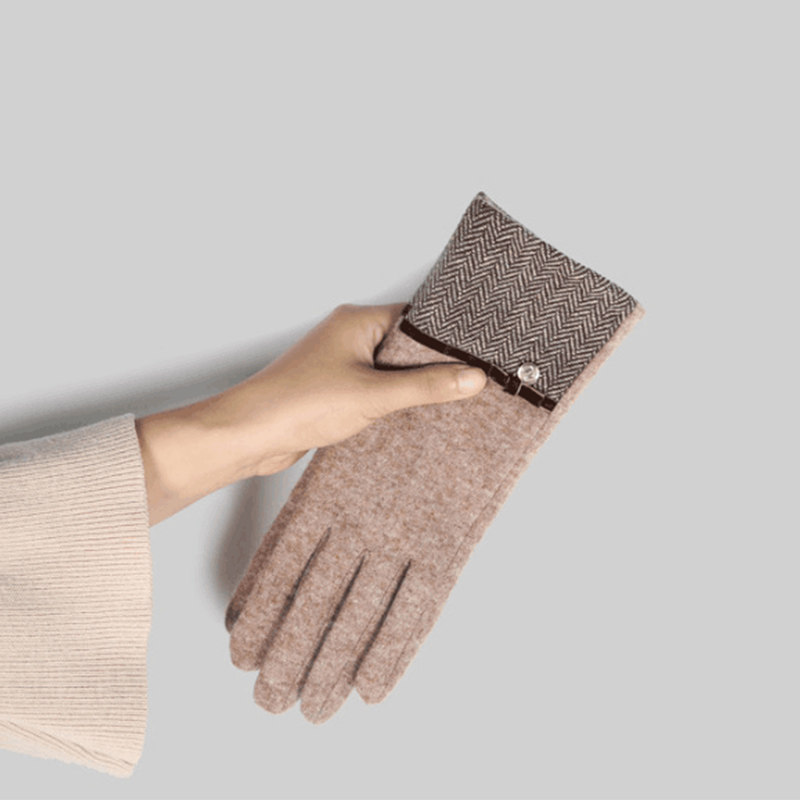 韩国气质手套冬季新品羊毛触屏手套人字纹简约蝴蝶结手套加绒加厚