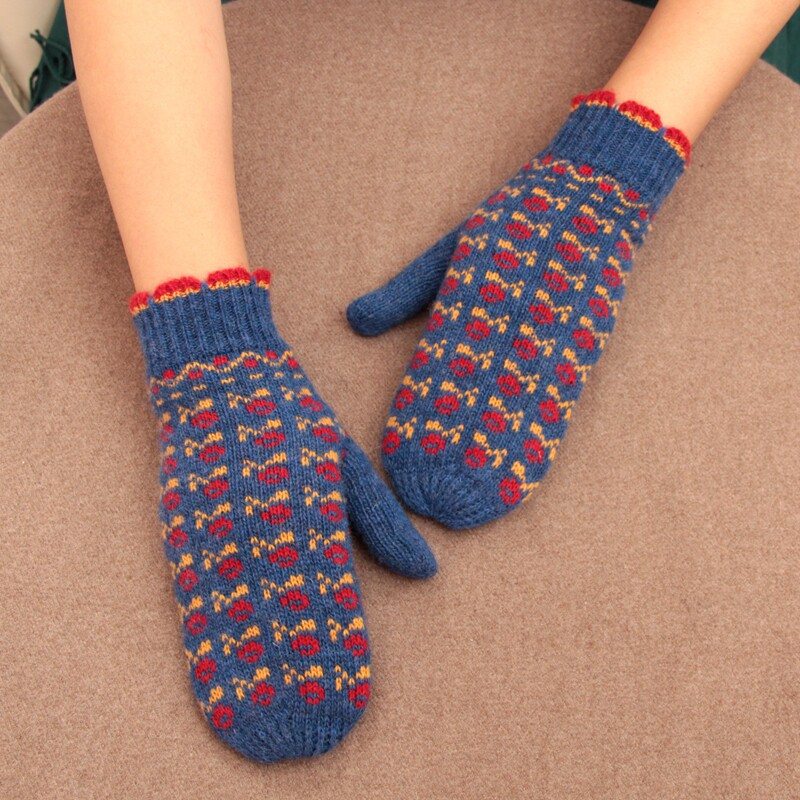 羊毛针织全包指手套小花花边女冬