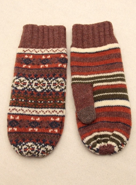 冬季羊毛手套女冬全包指触屏手套民族风双层保暖手套复古日系针织