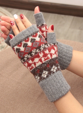 ins风日本羊毛针织半指手套女冬学生写字加厚保暖文艺花纹露指手