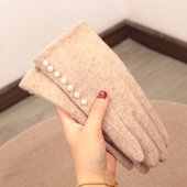 精致珍珠触屏羊毛加绒加厚双层手套女冬保暖气质百搭户外防寒分指
