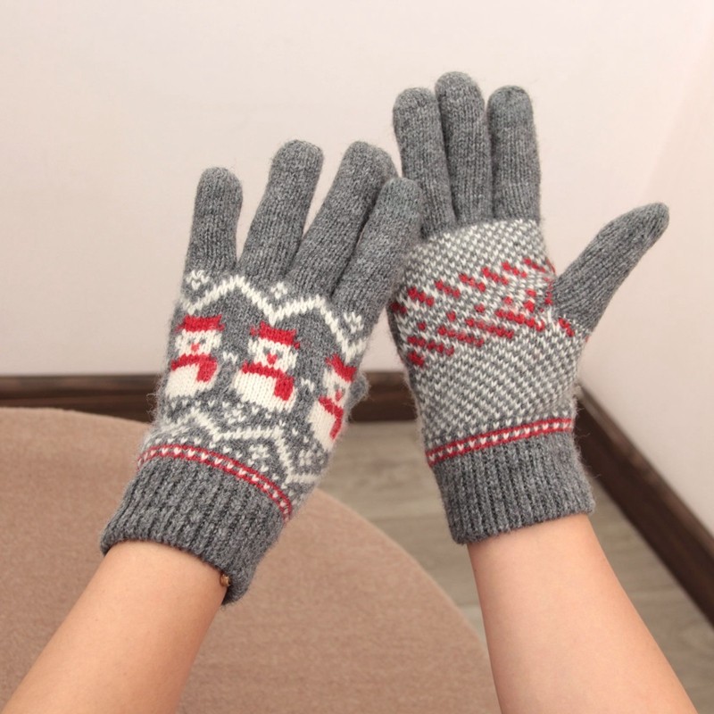 日本羊毛双层加绒加厚触屏手套撞色条纹文艺女冬户外防寒五指保暖