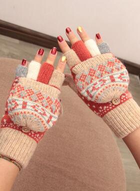 日本翻盖不加绒学生写字保暖手套羊毛针织露指半指文艺花纹复古冬