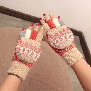 日本翻盖不加绒学生写字保暖手套羊毛针织露指半指文艺花纹复古冬