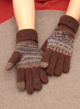 韩版秋冬保暖羊毛针织手套复古男士双层加绒触屏手套分指骑车学生