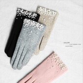 韩国高档手套文艺气质珍珠手套双层加绒加厚防寒骑车手套触屏手套