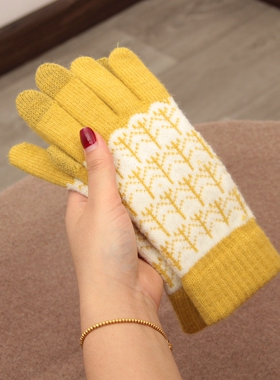 可爱黄色小清新针织毛线触屏手套女冬季保暖分指加绒加厚户外防寒