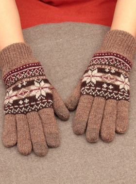 羊毛手套男士双层加绒保暖手套分指触屏雪花手套韩版学生情侣手套