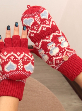 红色小雪人可爱翻盖手套 加绒加厚保暖羊毛手套女冬半指露指写字