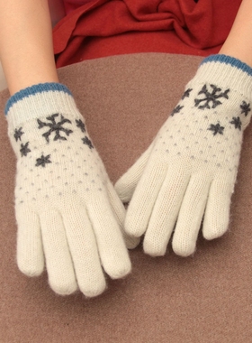 日系羊毛雪花白色手套双层加绒加厚保暖户外学生分指文艺针织手套