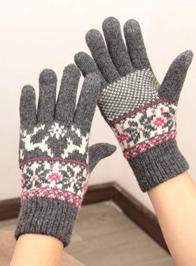 日本羊毛针织羊毛手套女冬加绒加厚保暖卡通雪花小鹿分指触屏防寒