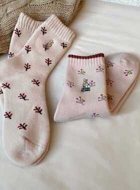 中筒加厚全毛圈兔羊毛混纺女袜彼菲兔小花系列柔软毛巾袜子冬保暖