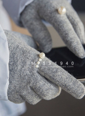 韩国单女冬气质珍珠戒指羊毛手套加绒保暖触屏手套分指开车优雅款