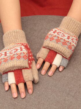 日本半指羊毛翻盖手套女冬季加绒加厚保暖学生露指写字民族风花纹