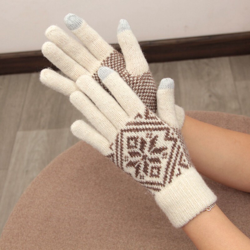 日本可爱薄款羊毛针织毛线手套分指触屏文艺雪花五指开车女冬防寒