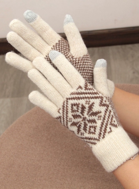 日本可爱薄款羊毛针织毛线手套分指触屏文艺雪花五指开车女冬防寒
