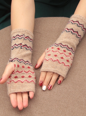 ins风日本客单薄款羊毛手套半指袖套学生写字露指手套复古文艺花