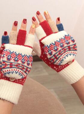 日本翻盖两用羊毛保暖手套秋冬天女学生写字露指手套复古花纹文艺
